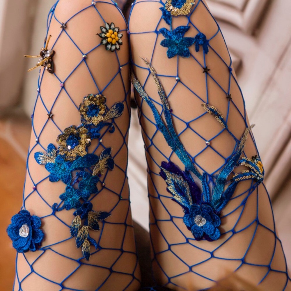 Flower Embroidered Fishnet Stockings
